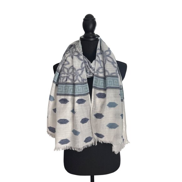 Chico's Bohemian Blue & White Woven Geometric Pattern Scarf Shawl Wrap - Picture 1 of 7